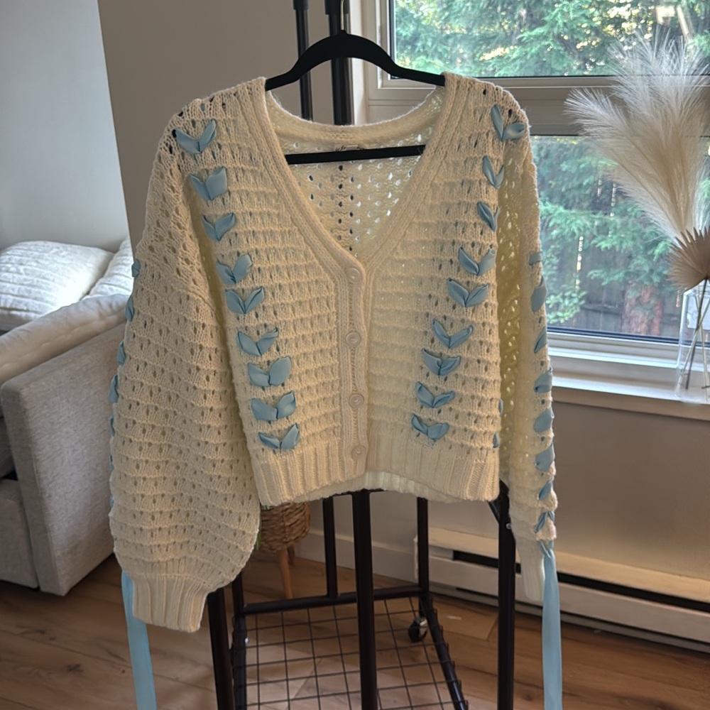 For Love And Lemons Cream and Blue Cardigan Sweater